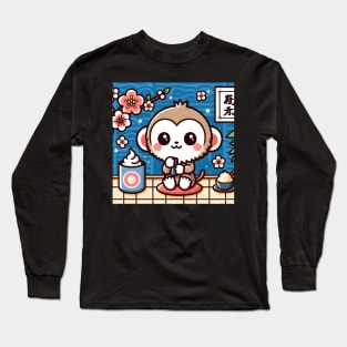 Cute Little Flower Monkey Drinking Tea and Eating Ice Cream Japanese Classic Art Long Sleeve T-Shirt